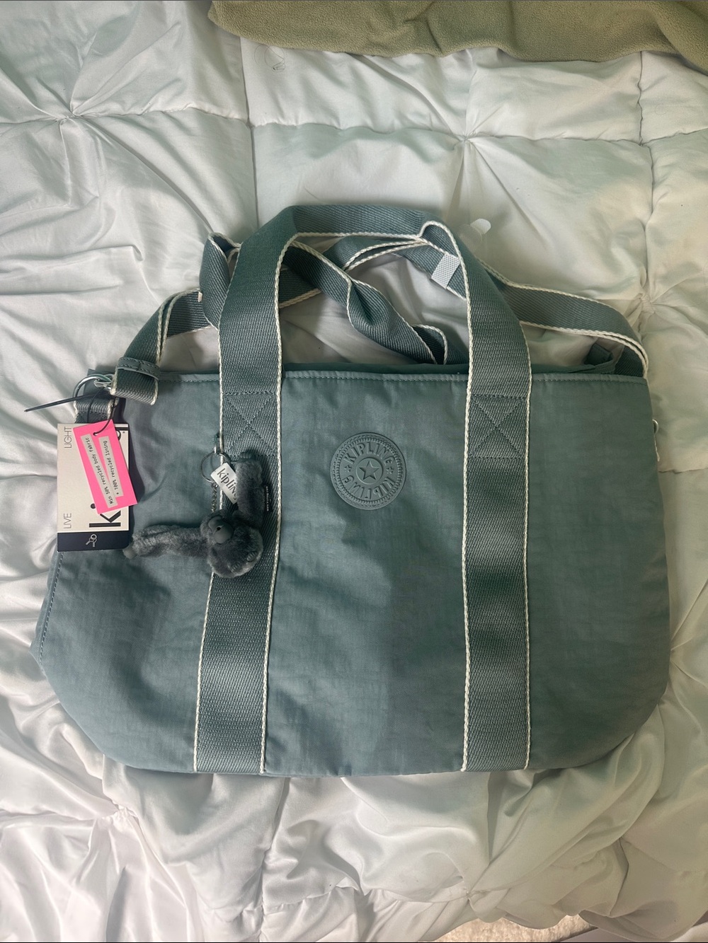 Kipling Slate Green Canvas Tote with Monkey Charm